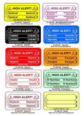 Étiquettes d’avertissement et de traçage de ligne pour sac et tubulure IV